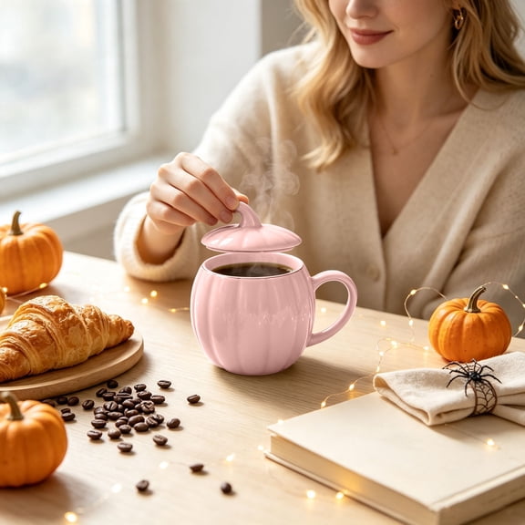 Ceramic Pumpkin Mug with Lid, 14oz Coffee Mug for Fall & Autumn, Cute Coffee Cup for Tea and Hot Cocoa, Microwave Safe Novelty Gift for Women, Friends, and Family