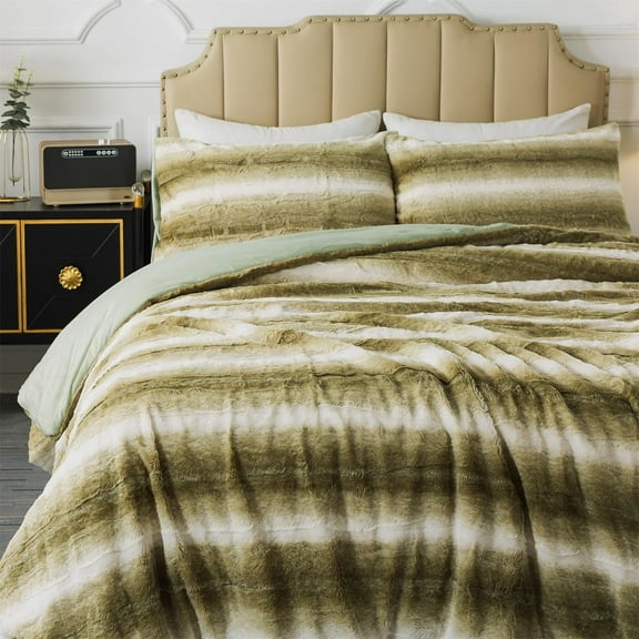 Wajade Faux Fur Comforter Set Queen Size, 3 Pieces Ultra Soft Marbled Sage Green Fluffy Comforter Set Marble Print Furry Bedding Set for All Seasons, 1 Plush Comforter Set 2 Pillow Covers