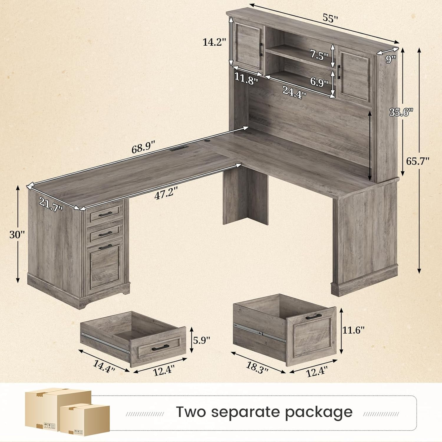 Farmhouse L Shaped Desk with Hutch and 3 Drawers, 68.9" Executive Office Desk with Power Outlet Open Shelves, Elegant Corner Desk Computer Desk with Storage Shelves for Home Office, Grey