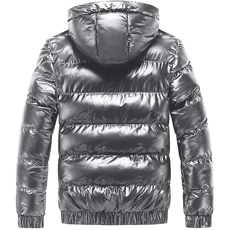 YYDGH Reduced Winter Warm Men Puffer Coat with Hood,Shiny Hooded Reflective  Padded Coat Plus Size Down Jacket Gray 3XL