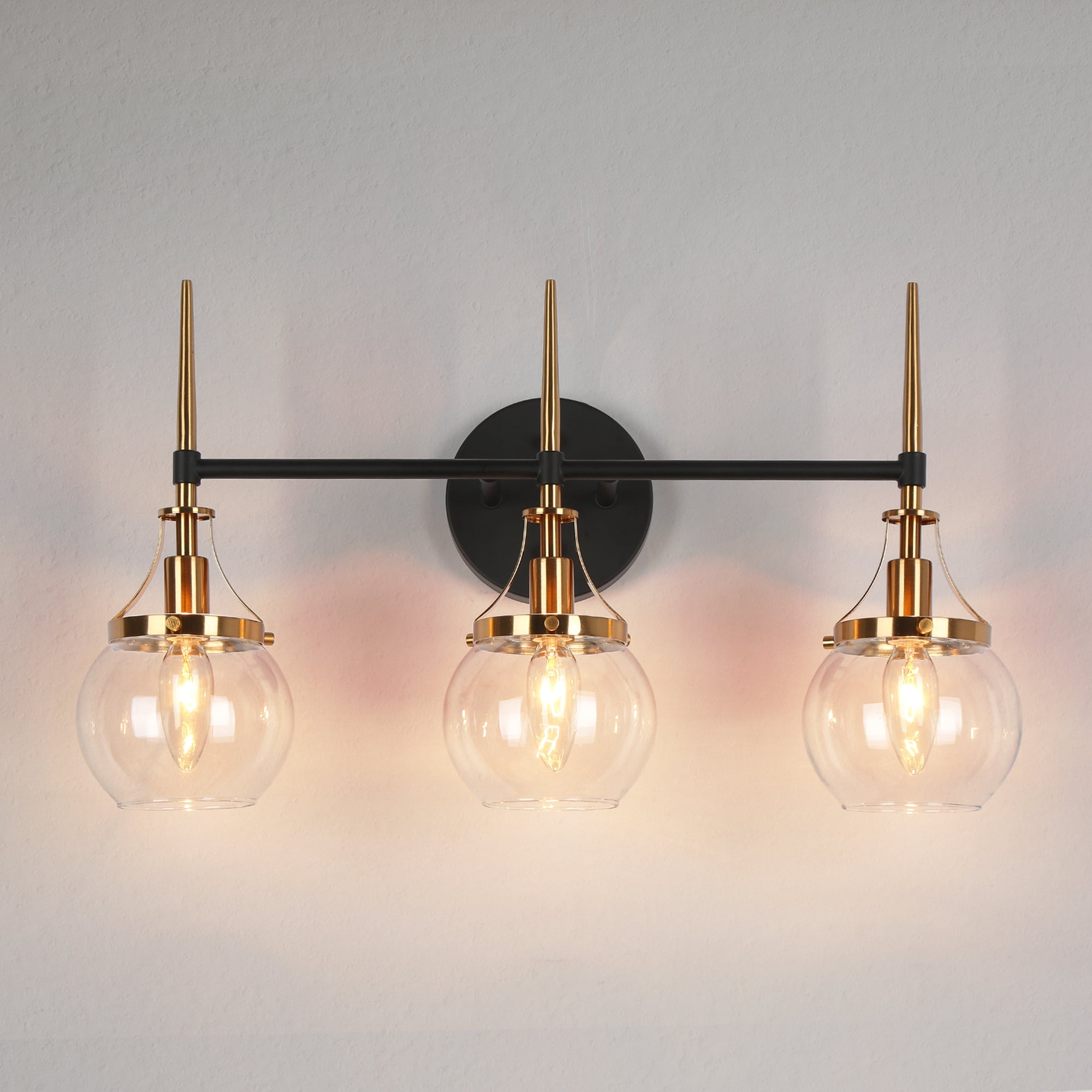 LNC Modern 3-Light Black and Gold Vanity Light with Globe Glass, 22-Inch Bathroom Fixture