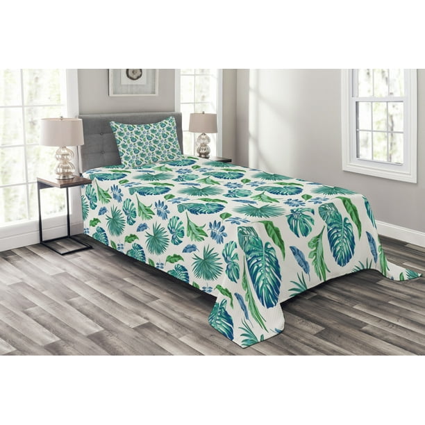 Green Leaf Bedspread Set, Monstera Coconut Palm Tree Leaves Exotic