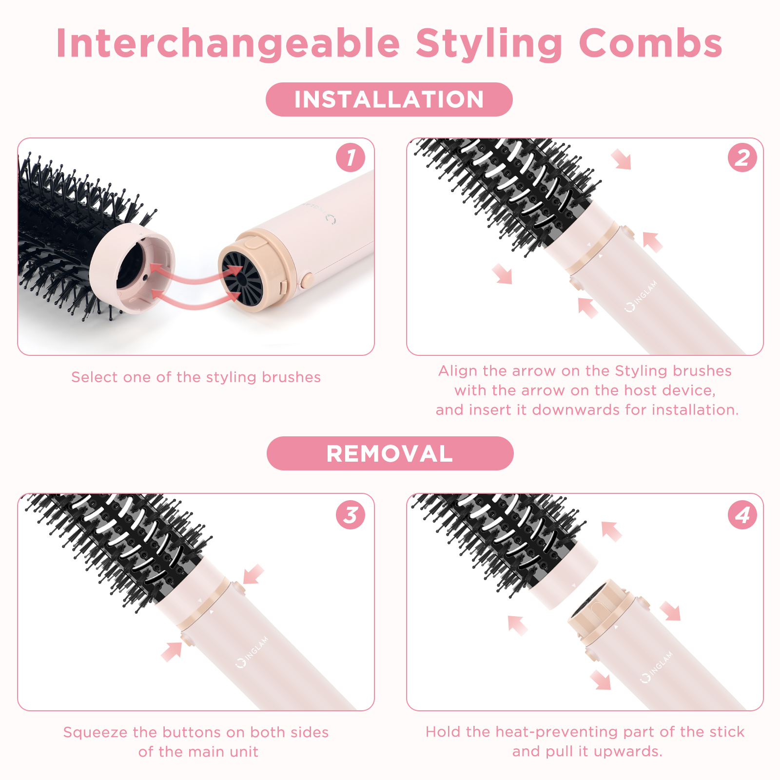 IG INGLAM 6 in 1 Hair Dryer Brush, No Hot Plate Air Straightener, Volumizer Hot Air Styler, High-Speed Hair Dryer, Massage Brush and Auto Wrap Curlers, Pink