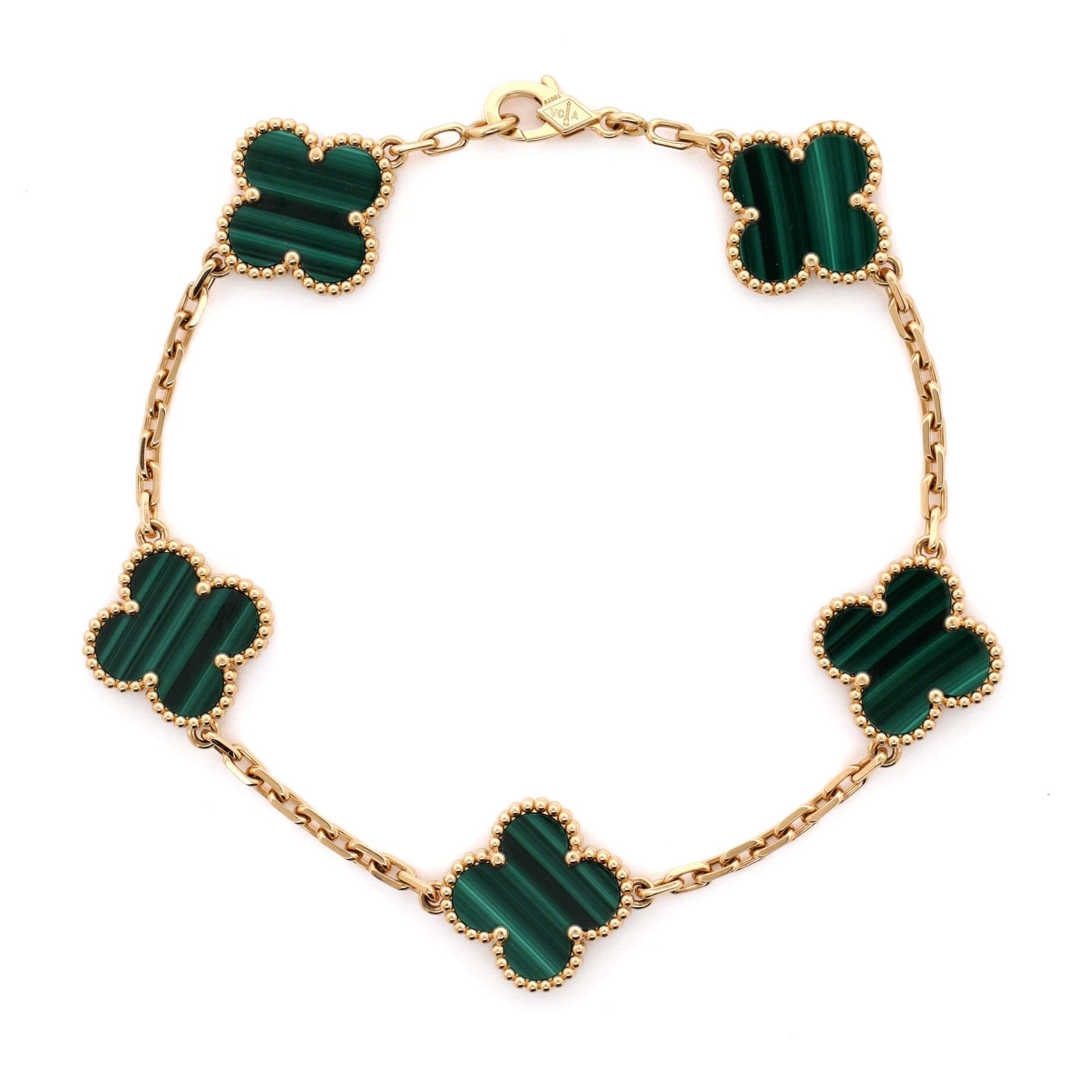 Pre-Owned Van Cleef & Arpels Vintage Alhambra 5 Motifs Bracelet 18K Yellow Gold and Malachite By Rebag