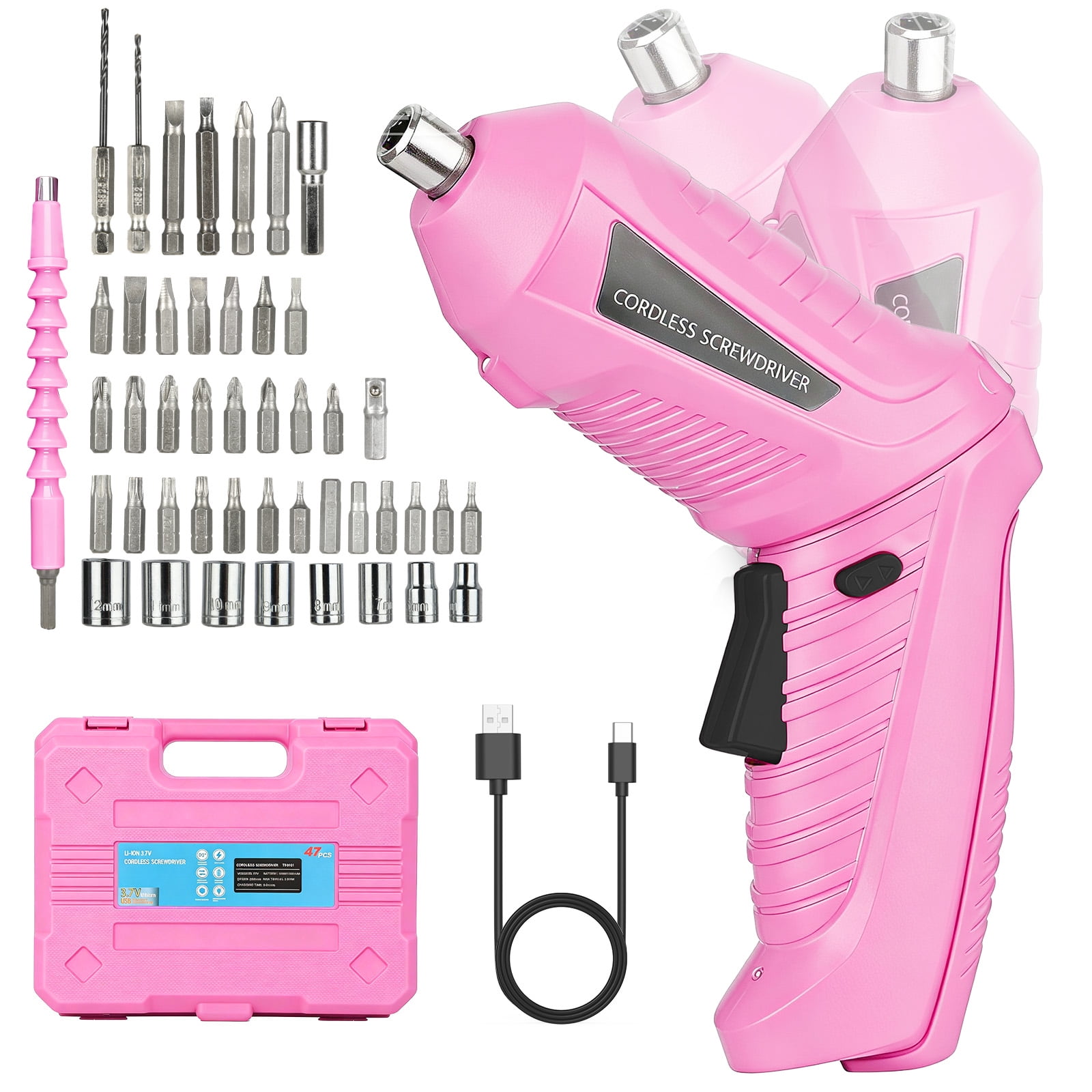 Electric Screwdriver Set, Handheld cordless drill Rechargeable Tool, Rotatable 90 Degrees Cordless Electric Screwdriver Set with Rechargeable Battery and LED Light for Home DIY, Pink