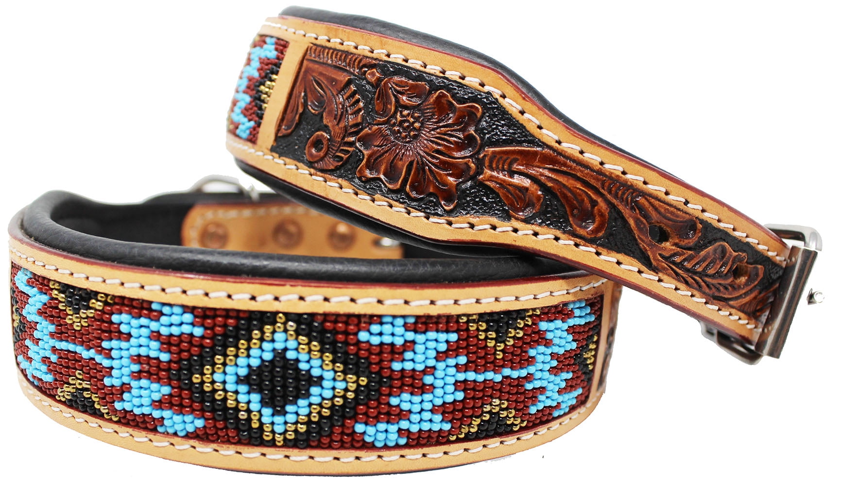Small 13''- 17'' Hand Tooled Beaded Padded Leather Dog Collar  60162