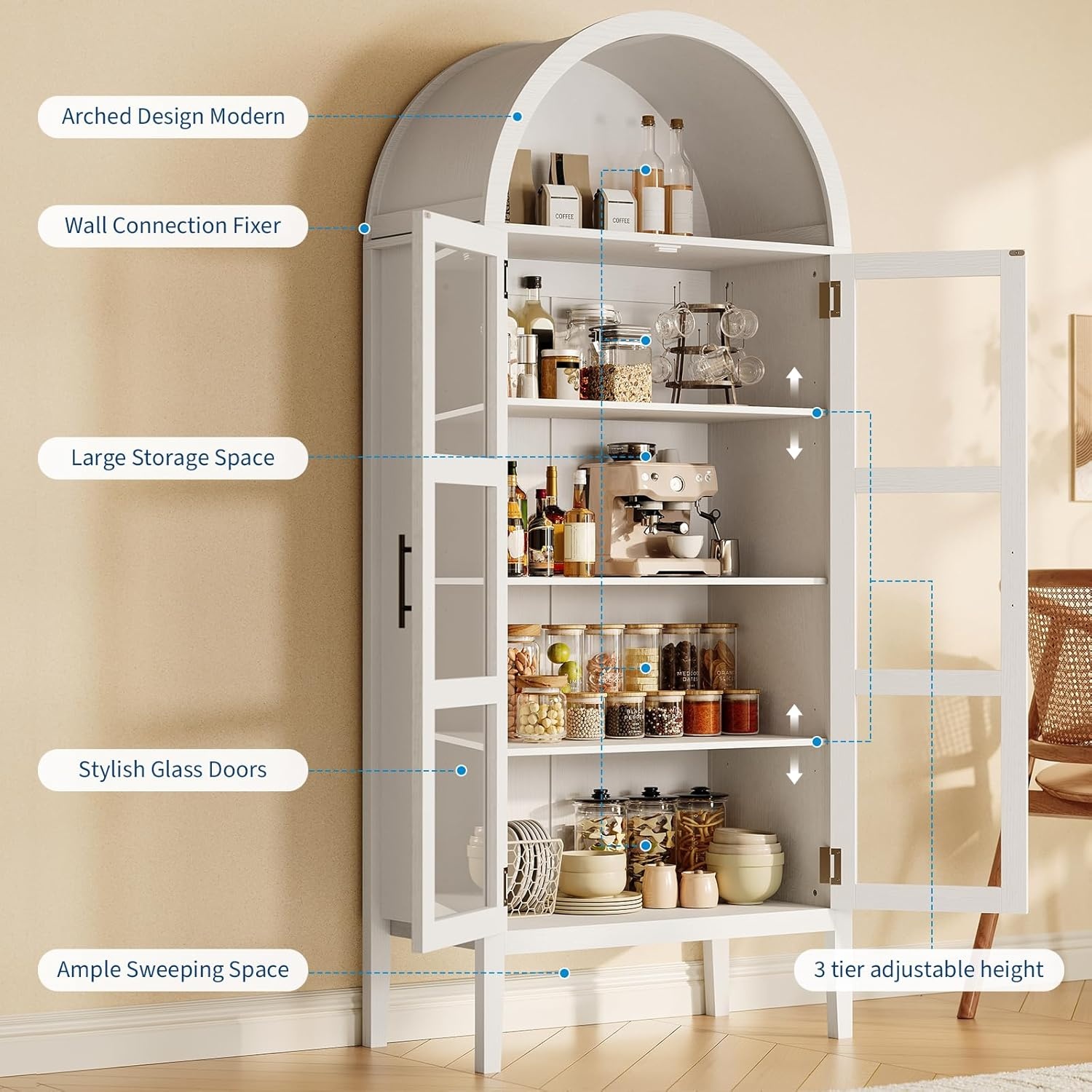 Home 70" Tall Arched Kitchen Pantry Cabinet with LED Lights, Modern Wood Arched Bookshelf with Glass Doors & Adjustable Shelves, Elegant Display Cabinet for Kitchen, Dining Room, Living Room