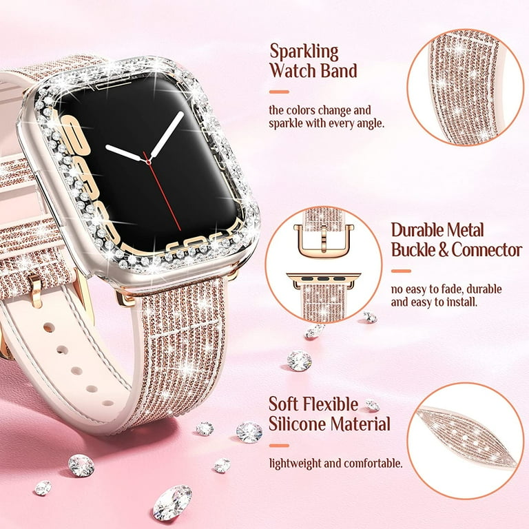 Apple Watch Band Silver, Rose Gold Bling Women Strap & Case Set 8 7 6 –  www.