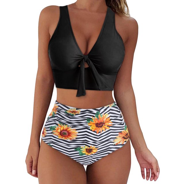 ICHUANYI Clearance Women Sunflower Print Bikini Set Push Up Bathing Swimwear High Waist Swimsuit(Black, M) Ichuanyi Ichuanyi