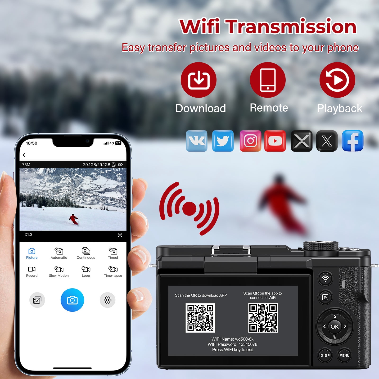 Digital Cameras for Photography 8K WiFi 88MP 18X Zoom Autofocus Vlogging Camera with 3" 180° Flip Screen, 64GB Card