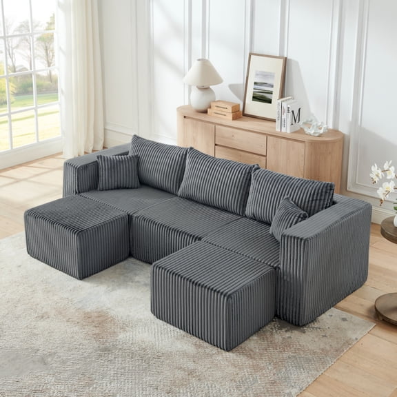 94.1" modular Sectional Sofa,Compressed Corduroy couch, Comfy Compression Sofa for small spaces, Gray