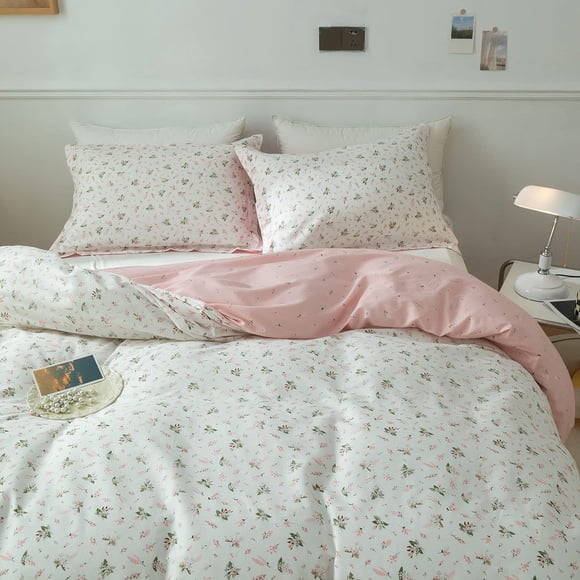 AMWAN Pink Floral Duvet Cover Twin Cotton Girl Garden Bedding Set Vintage Style Aesthetic Comforter Cover, 1 Flowers Botanical Duvet Cover with 2 Pillowcases with Zipper Closure