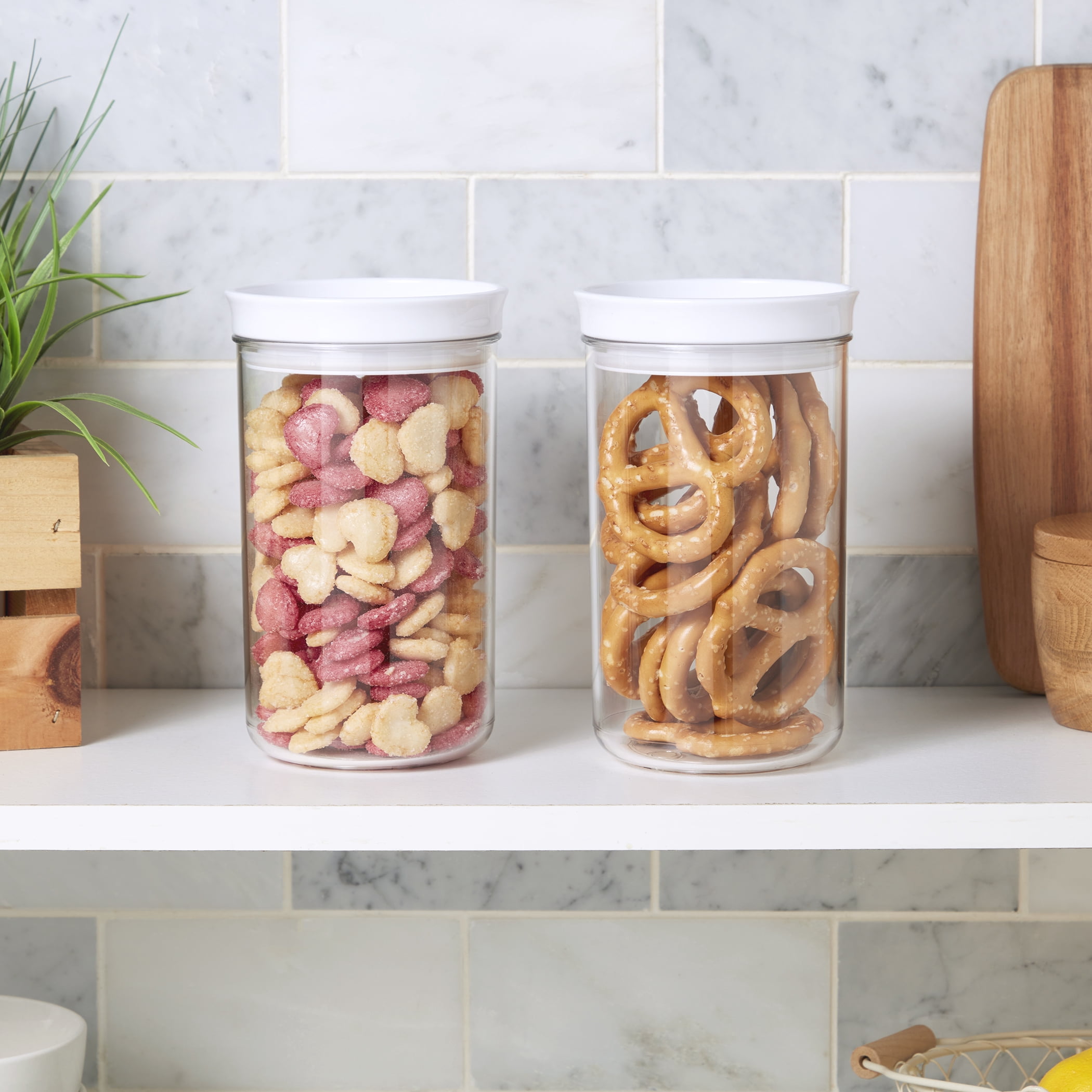Mason Craft & More 2 Piece Medium Clear Plastic Tall Food Storage Canisters Containers Set Airtight Dishwasher Safe, 29 oz.