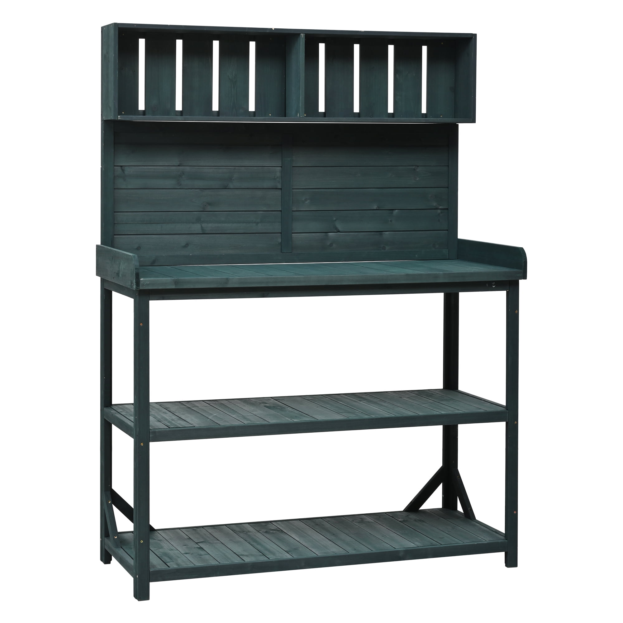 Euroco Garden Potting Bench with 4 Storage Shelves and Side Hook, 65" Large Wooden Farmhouse Rustic Outdoor Potting Bench Table, Patio Workstation,Forest Green