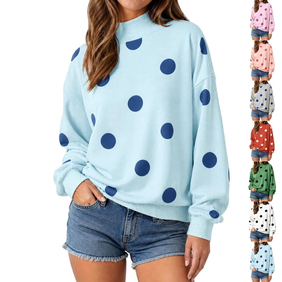 Womens Polka Dot Sweatshirts Mock Neck Long Sleeve Pullover Tops,Oversized Sweatshirt,Drop Shoulder,Y2K,Fall Fashion Outfits 2026,Soft,Turtleneck,Loose Fit Travel Casual Lounge Outfit Sky Blue