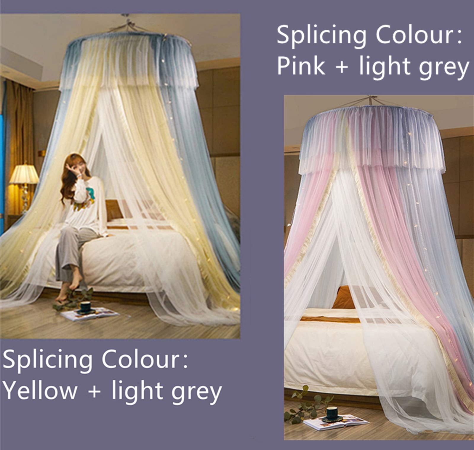 Princess Bed For Curtain- Double Layer Sheer Mesh Dome Round Lace Mosquito Net Tent Full Queen King Bed(pink/grey/white)