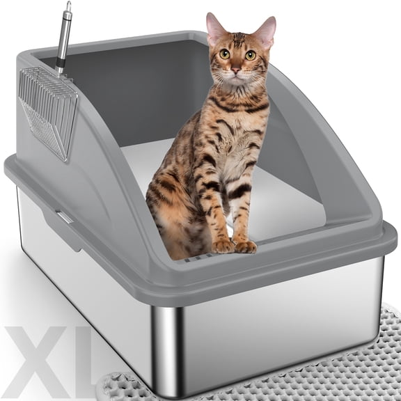 Extra Large Stainless Steel Cat Litter Box, XL Litter Boxes for Big Cats & Multiple Cats, Metal Litter Box with High Sides & Metal Scoop/Mat, Easy to Clean, Dark Gray