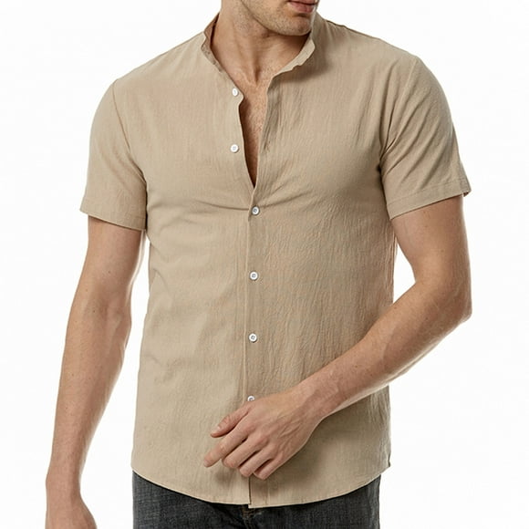 Txeol Weekly Sale Men's Muscle Dress Shirts Slim Fit Mandarin Collar Short Sleeve Casual Button Down Shirt Classic Solid Office Tshirt,Khaki,XXL