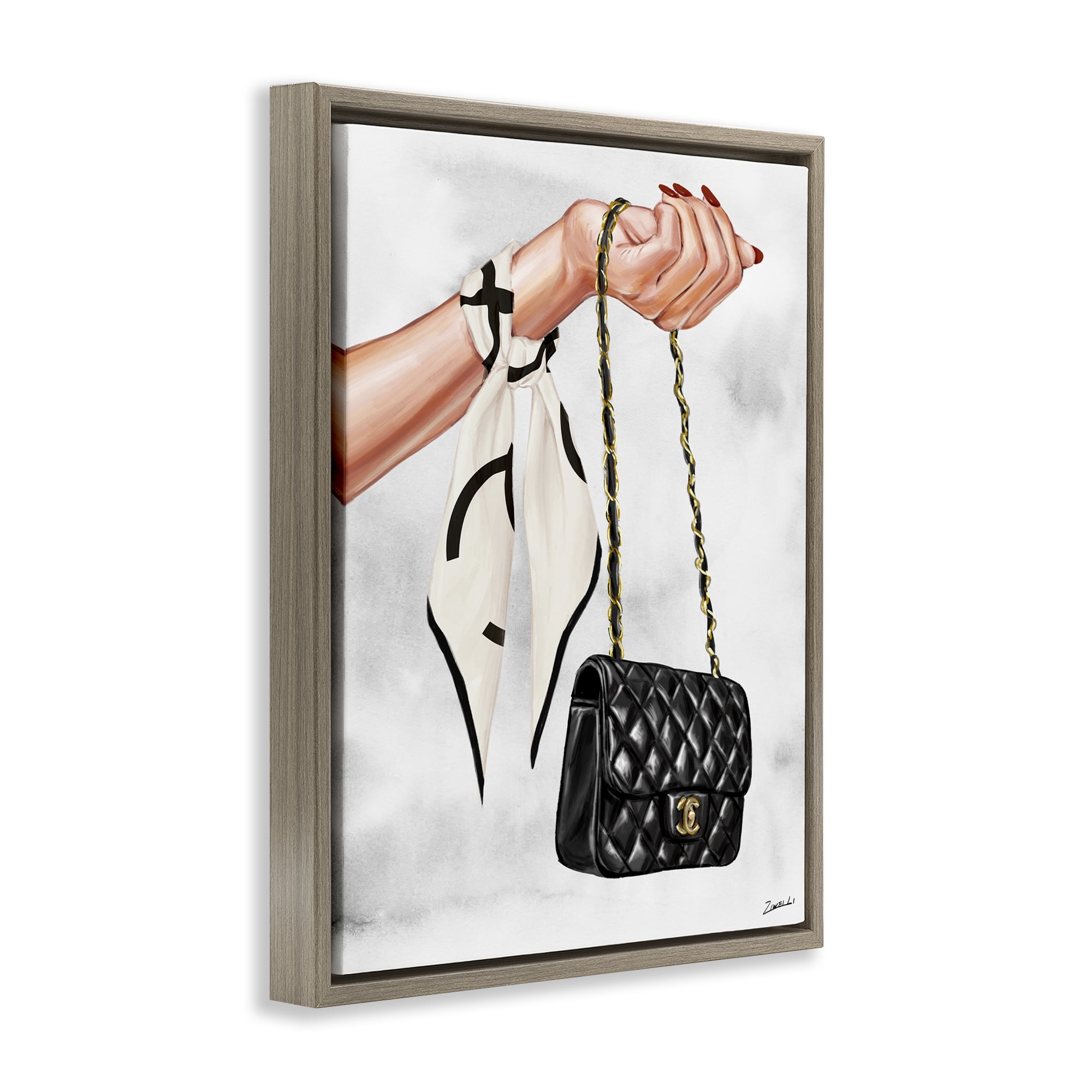 Stupell Industries Black Handbag on Wrist Fashion Painting Brown Floater Framed Canvas Art Print Wall Art, 25 x 31