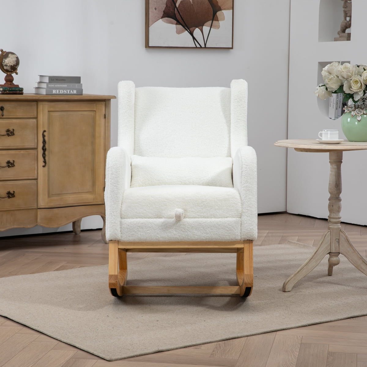 25.4"W Modern Rocking Chair for Nursery, Mid Century Accent Arm Rocker With Retractable Footrest, Side Pocket, Comfy Upholstered Wingback Wooden Glider Chair for Living Room Baby Kids Room. Ivory