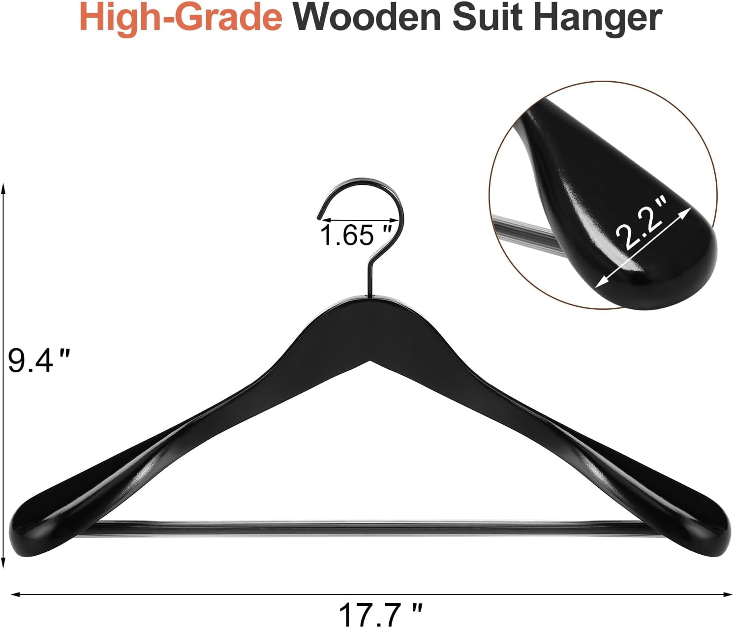 Black Wooden Coat Hanger 6 Pack, Wide Shoulder Wood Suit Hangers with Extra-Thick Flat Hooks & Anti-Slip Pants Bar, Heavy Duty Clothes Hangers,Glossy Finish, Black-CT02H