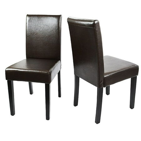 Rattan Parsons Chair XtremepowerUS Set of (2) Parson Dining Chair PU Leather Padded Cushion Backrest w/ Wood Leg, Brown ()