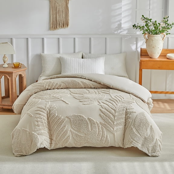 ChliEarime Heicatte Khaki Twin Duvet Cover Set, Boho Tufted Palm Leaf Bedding, Soft Lightweight All Season 2 Piece Bed Set