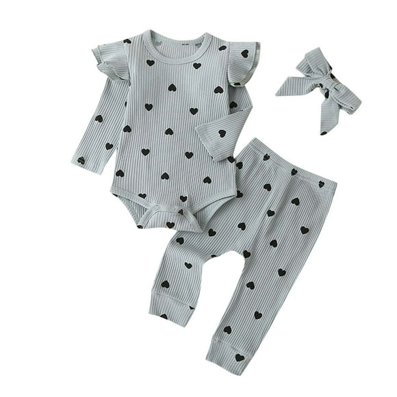Body De Bebé, Conjunto De Canastilla, Onesies Para Niños Pequeños, Niñas, Estampado De Corazón, Mameluco Con Volantes, Pantalones, Diadema, Ropa, Traje Verde Odeerbi LM103-4665