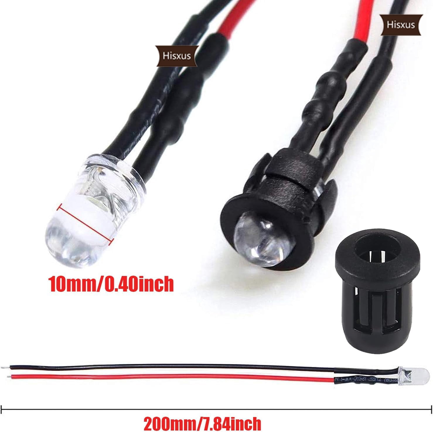 25Pcs 10MM White LED Pre-wired Water Clear Bulb 12V 7.87 Inch Lamp Light Bulb Prewired Emitting Diode& 25Pcs Black 10MM LED Plastic Clip Holder For DIY Home Decoration