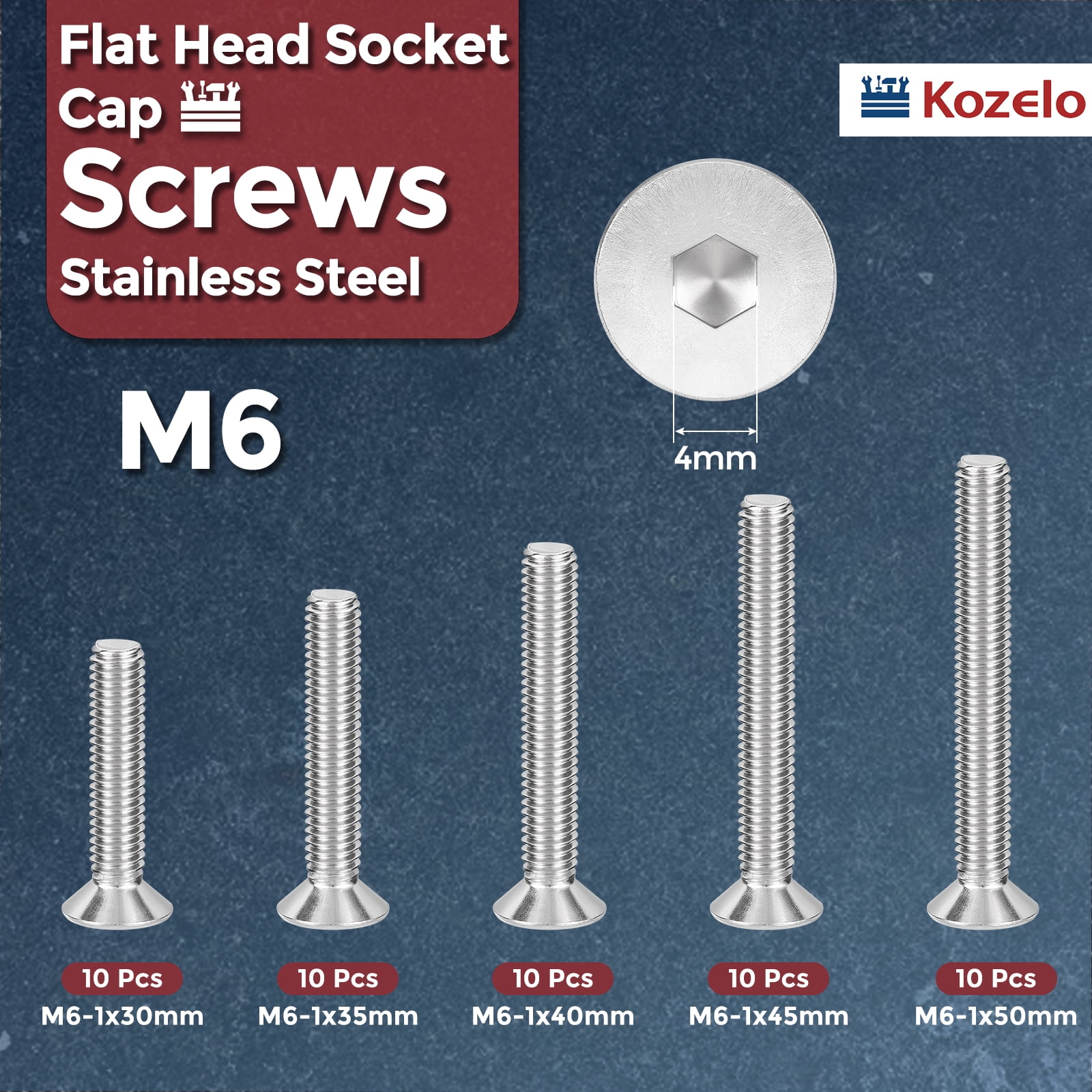 Uxcell 50Pcs Flat Socket Cap Screws - [M6x1x30/35/40/45/50], 304 Stainless Steel 18-8 Countersunk Bolt, Silver, for Automotive, Furniture Repair, Industrial Equipment Fixes