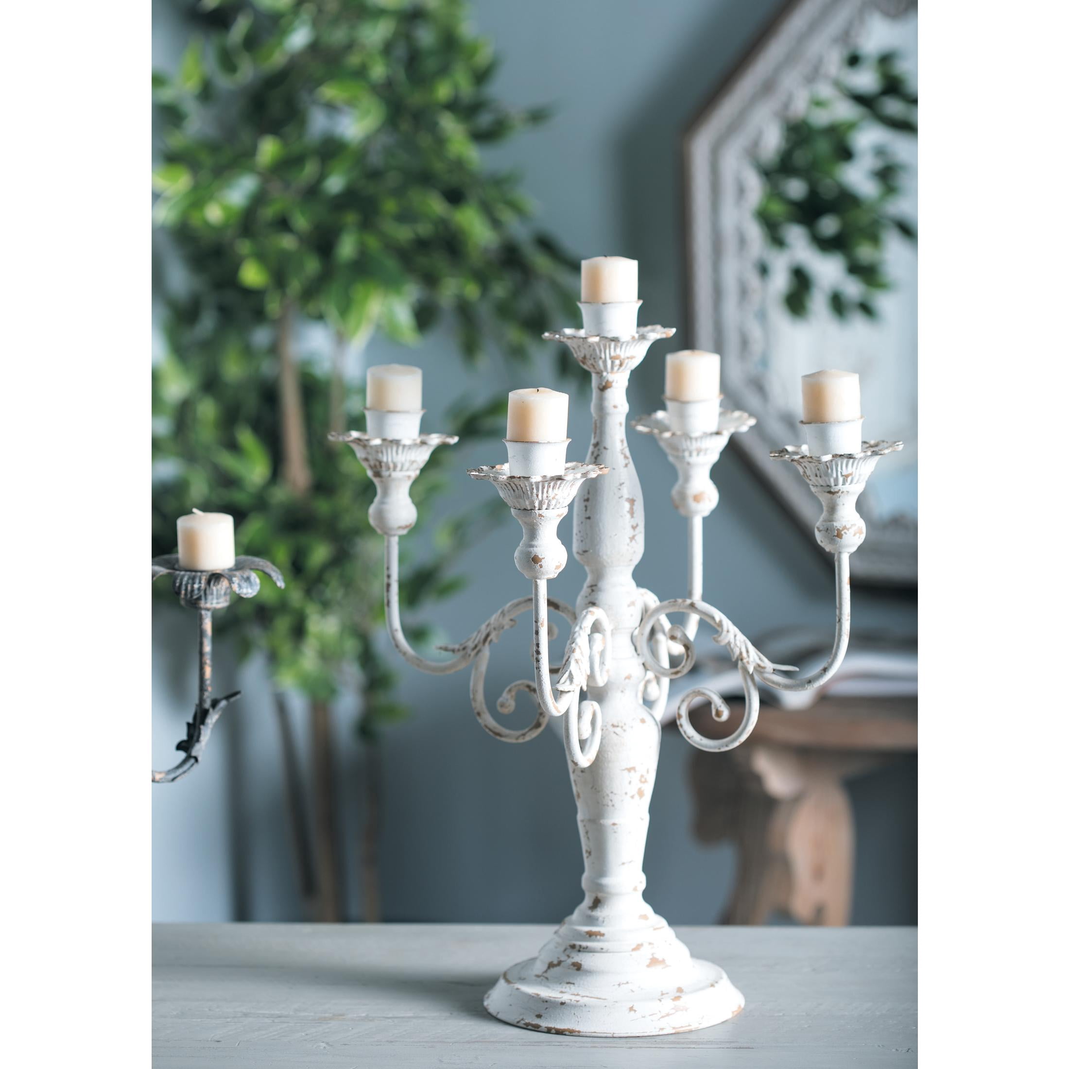 DecMode 5 Holder White Metal Scroll Candelabra