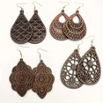 thumbnail image 3 of 4 Pairs Vintage-Inspired Carved Flower Pattern Dangle Earrings - Elegant Retro Style, Delicate Wooden Design, Ideal Female Gift, 3 of 5