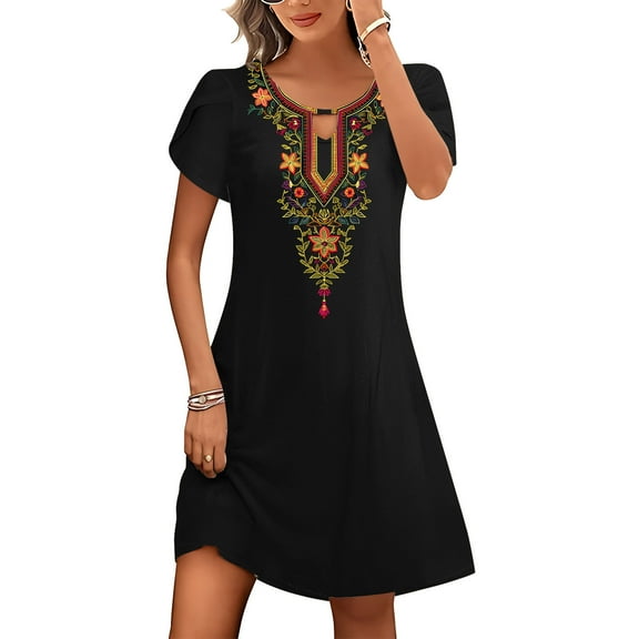Viikei Women's Summer Casual T Shirt Dresses,Women's Casual Loose Summer Printed Short Sleeved Dress Black M
