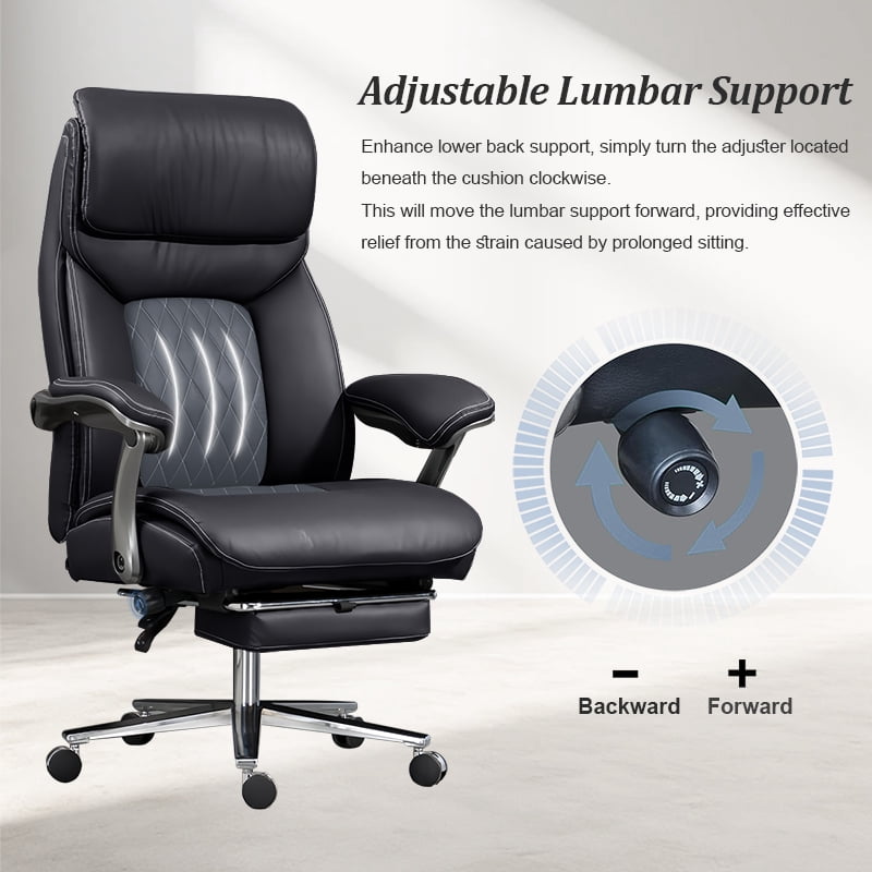 XUEGW Wide Seat Big and Tall Executive Office Chair, 600 lbs Heavy-Duty Ergonomic Desk Chair with Lumbar Support & Headrest, Luxury Leather Chair with Leg Rest, Black