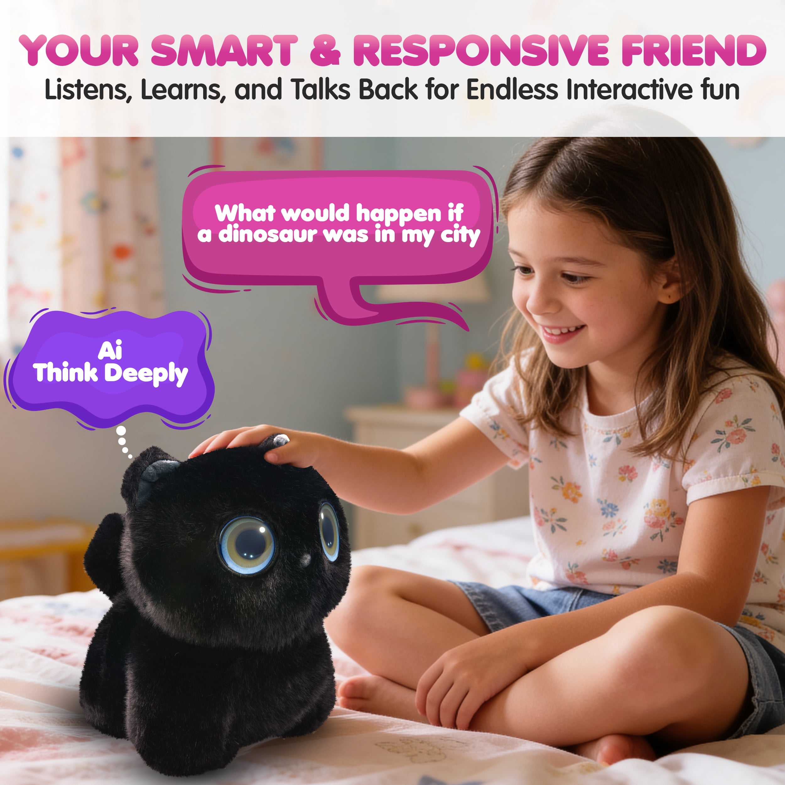 AI Pixie Paw Smart Interactive Plush Cat Voice Responsive Touch Activated Expressive Eyes AI Companion Stuffed Animal for Kids and Pet Lovers, Black