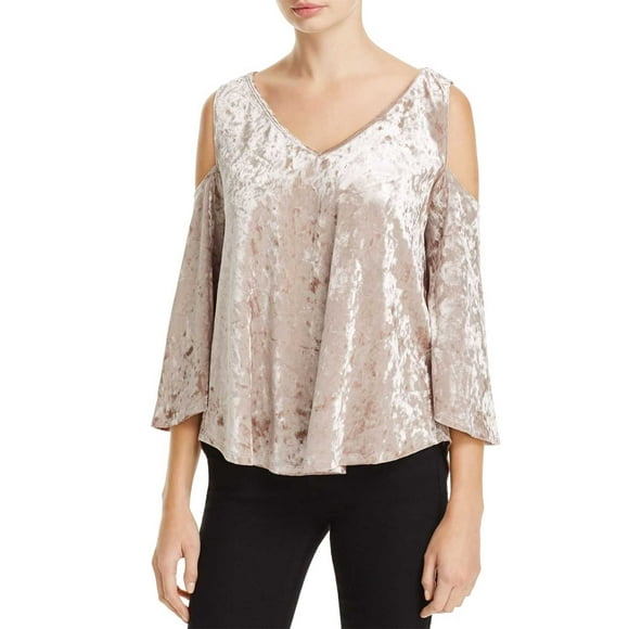 Status by Chenault Women’s Crushed Velvet Cold Shoulder Blouse Pullover Shirt Tops, Natural, Medium