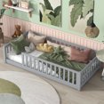 thumbnail image 3 of Twin Size Floor Bed with Fence without Door, Rubber Wood Floor Bed with Safety Guardrails,Natural, 3 of 11