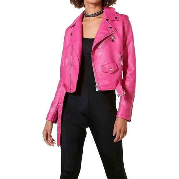 Womens Genuine Pink Lambskin Leather Jacket Motorcycle Biker Leather Collared Jacket W323