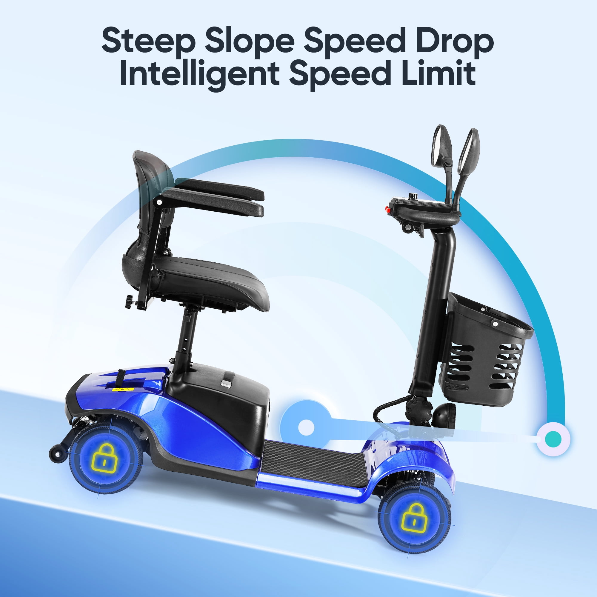 Morrean 4 Wheels Folding Travel Mobility Scooter for Senior, Electirc Wheelchair with Basket for Adults, Blue