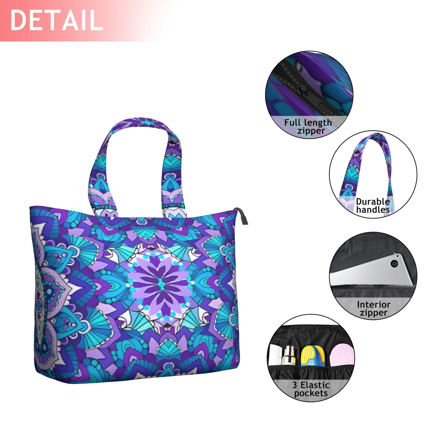 Purple Ethnic Mandala Pattern Travel Tote Bags for Women Carry On,Large Weekender Bags for Women Travel,Multi Functional Duffle Bag for Work,Shopping,Sports
