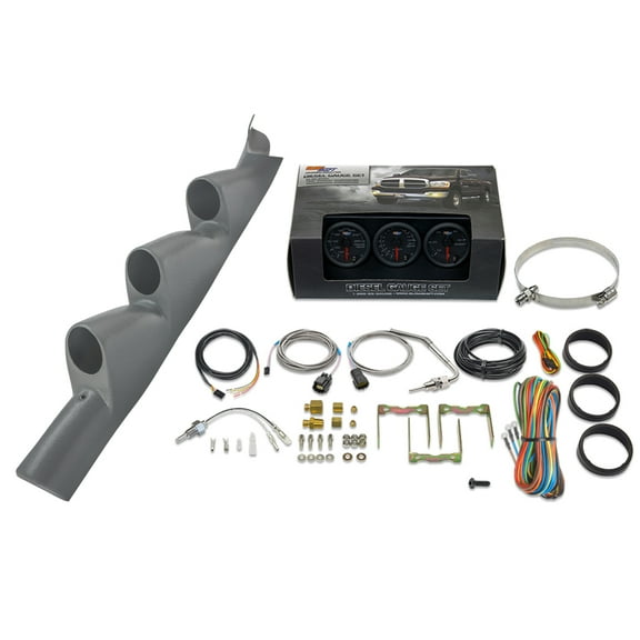 GlowShift | 3rd Gen 2011-2016 Ford Super Duty 6.7 Powerstroke Gray Triple Pillar Pod with Black 7 Color Series 60 PSI Boost Gauge, 1500 Pyrometer EGT Gauge & Trans Temp Gauge