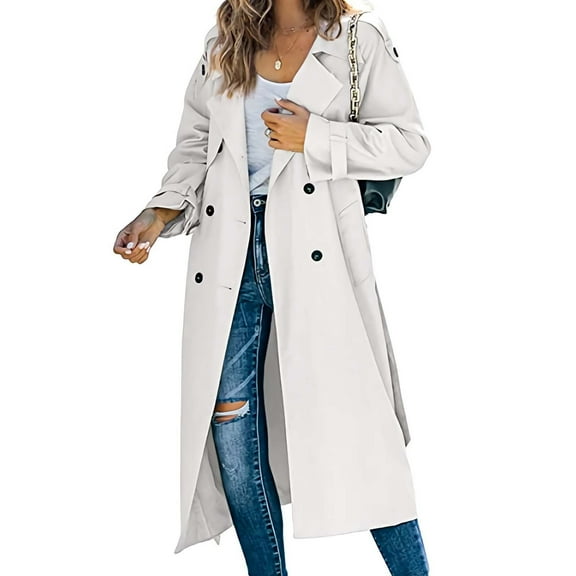 RYDCOT Trench Coats for Women Long Long Sleeved Double Breasted Classic Lapel Coat Trench Coat Jacket Windproof Overcoat Sale