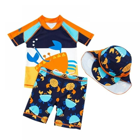 

BULLPIANO Toddler Baby Boys Three-Pieces Swimwear Swimsuit Set Infant Trunk and Rashguard with Hat UPF 50+