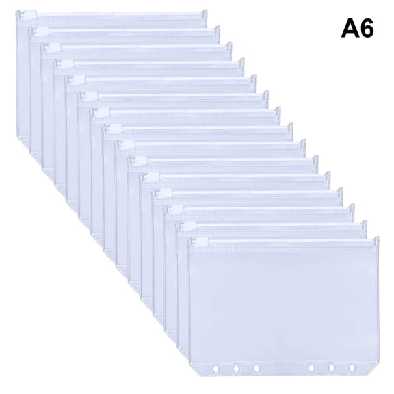 A5 Binder Pockets Pack of 15 Clear PVC 6-Hole Binder Pockets Zipper Folders Waterproof Money Budget Envelopes