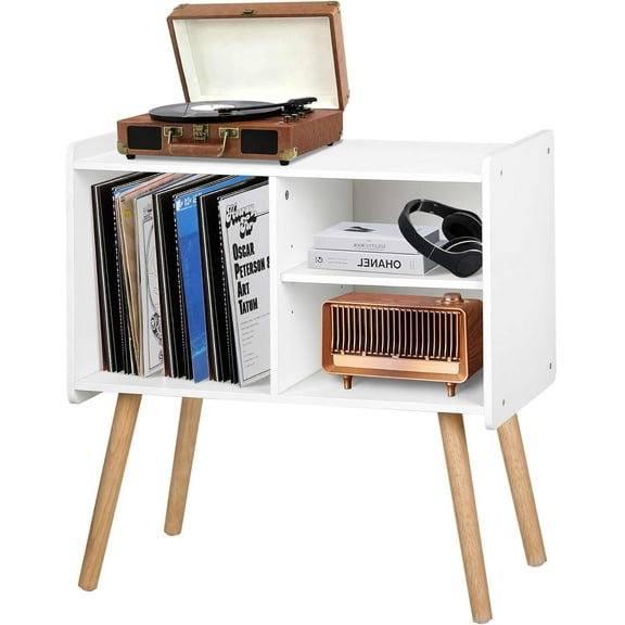 Mid-Century Record Player Stand, Vinyl Record Cabinet Holder with Storage Up to 100 Albums, Record Player Table for Living Room Bedroom Office, Turntable Stand with Wood Legs, White