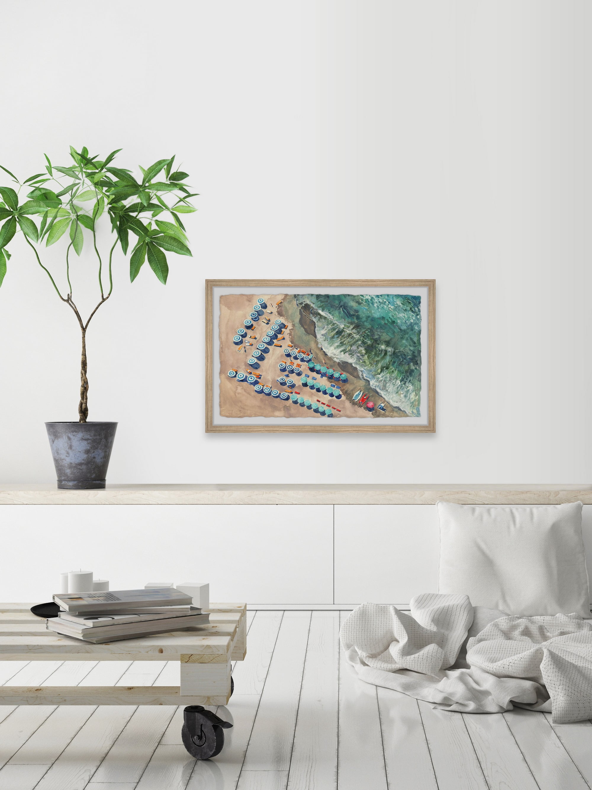 Marmont Hill Blue Beach Umbrellas Framed Wall Art, 1.50" x 18.00"