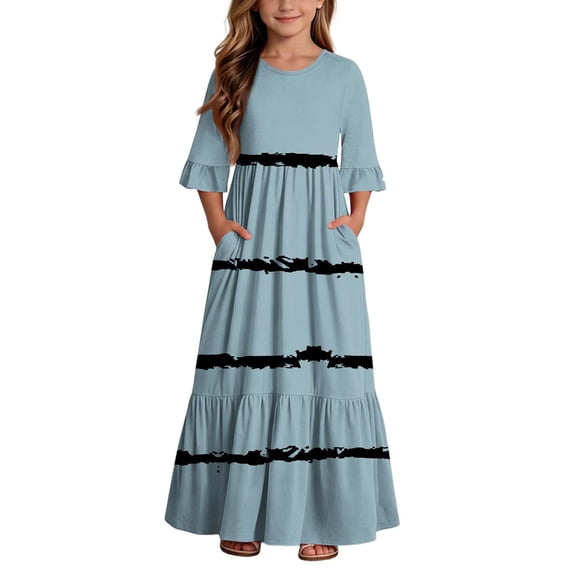 BLTIBY Boho Dresses for Girls Striped Printed Crew Neck Maxi Dress Summer House Dresses with Pockets Light Blue 13-14 Years