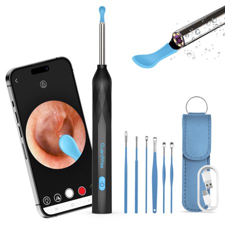 Ear Cleaner with Camera and Light  GuardWee Ear Wax Removal Tool Camera  Earwax Removal Kit with 6 Pcs Ear Pick Set  Ear Camera and Wax Remover  Otoscope with Light 1440P HD Camera (Black)