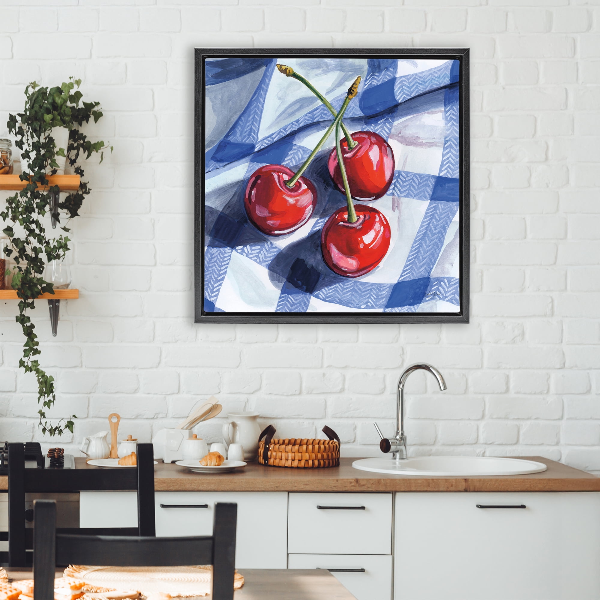 Stupell Industries Three Picnic Cherries on Gingham Black Framed Floater Canvas Wall Art, design by Kate Jarvik Birch