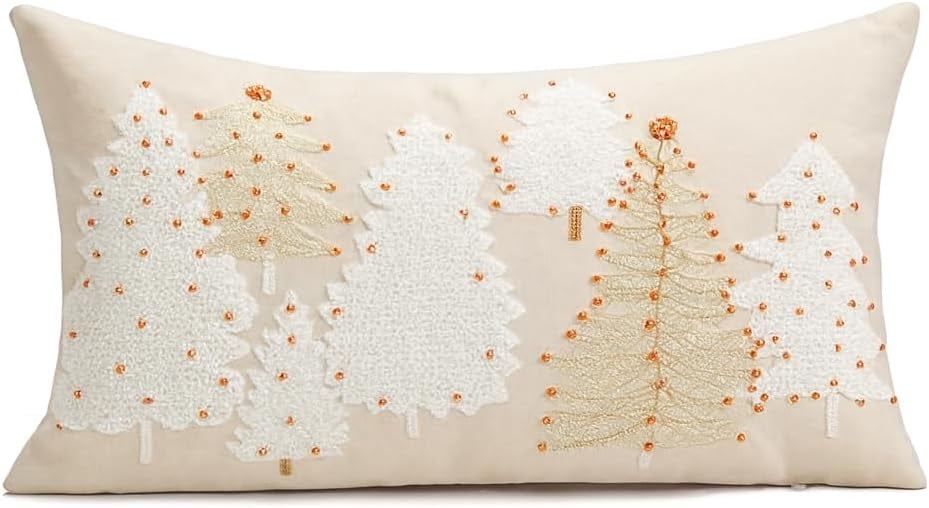 Fennco Styles White Embroidery Christmas Tree Decorative Throw Pillow 12" x 20" – Festive Holiday Cushion with Beaded Accents for Winter Festivals, Sofa, Couch, Bed & Living Room Décor